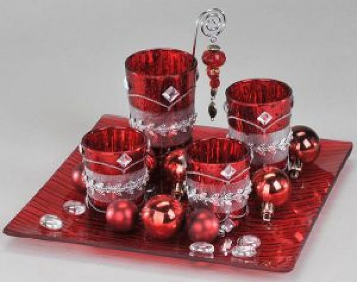 Teelichthalter Set rot, Glas, quadratisch, Winter Advent