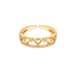 Damen Ring Herzen aus mit Gelbgold beschichtetem Kupfer mit Zirkonsteinen