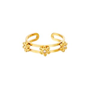 Damen Ring drei Blumen aus mit Gelbgold beschichtetem Edelstahl mit Zirkonsteinen