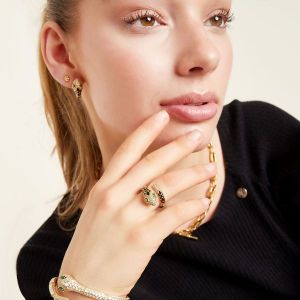 Damen Ring Schlange aus Gelbgold beschichtetem Kupfer mit Emaille rosa und Zirkonsteinen