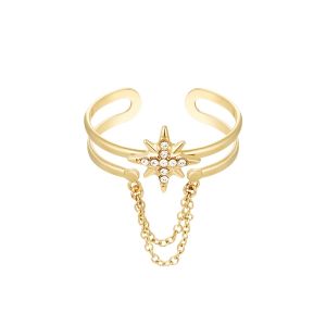 Damen Ring Stern mit Kette aus mit Gelbgold beschichtetem Edelstahl mit Strass