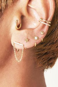 Ohrstulpe Earcuff Double Up aus mit Gelbgold beschichtetem Kupfer mit Zirkonsteinen