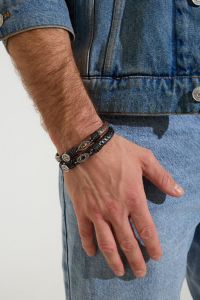 Herren Armband geflochten in silberfarben & schwarz mit Verzierungen